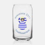 Greek Flag Black Hair Hanukkah Angel  Can Glass<br><div class="desc">Personalized beer, drinking or can glass features a black haired angel dressed in the flag of Greece. Writing above reads, in blue letters, "HANUKKAH 20??". Writing below, also in blue, has a spot for your name. Share your Greek heritage this holiday season. Great housewarming or Hanukkah gift for a home...</div>