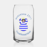 Greek Flag Black Hair Hanukkah Angel Can Glass<br><div class="desc">Personalized beer, drinking or can glass features a black haired angel dressed in the flag of Greece. Writing above reads, in blue letters, "HANUKKAH 20??". Writing below, also in blue, has a spot for your name. Share your Greek heritage this holiday season. Great housewarming or Hanukkah gift for a home...</div>