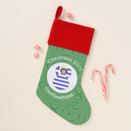 Greek Flag Black Haired Angel Personalized  Christmas Stocking