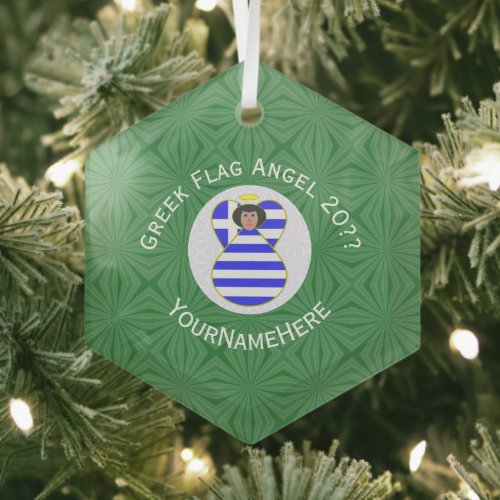Greek Flag Black Haired Angel Year Name Hexagon Glass Ornament