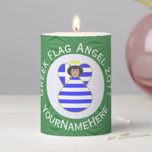 Greek Flag Black Haired Angel Year Name Pillar Candle