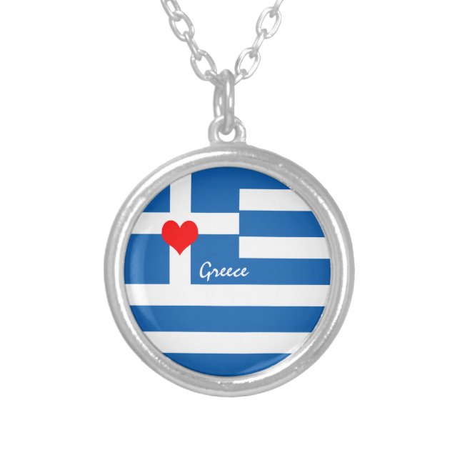 Greek flag & Heart - Greece travel/sports fans Silver Plated Necklace (Front)