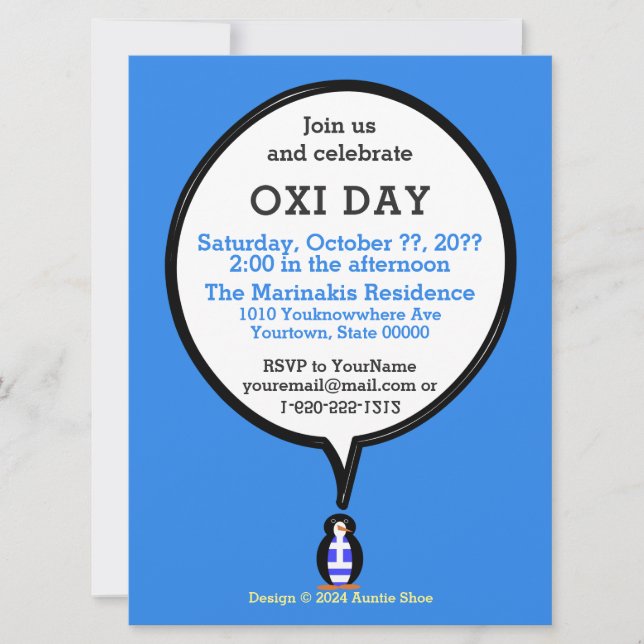 Greek Flag Talking Ms. Penguin Oxu Day Invitation (Front)