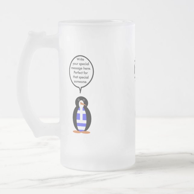 Greek Flag Talking Ms. Penguin Personalized Frosted Glass Beer Mug (Left)