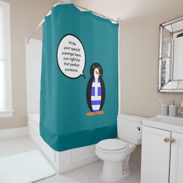 Greek Flag Talking Ms Penguin Personalized Shower Curtain (In Situ)