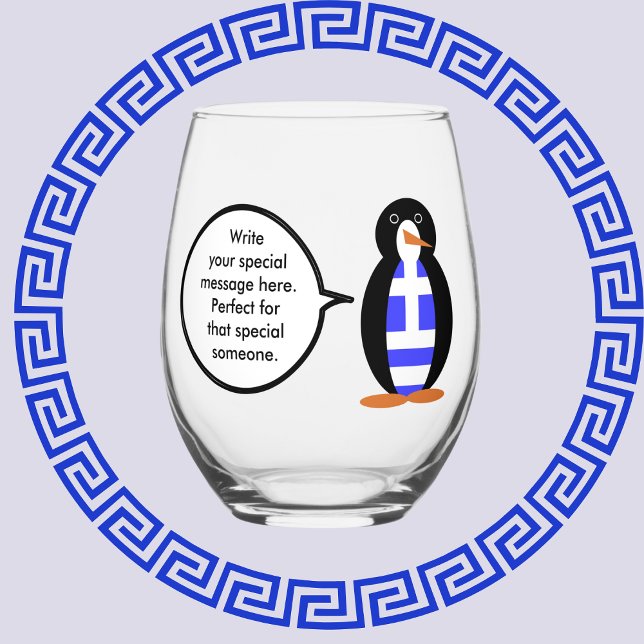 Greek Flag Talking Ms Penguin Personalized Stemless Wine Glass (Creator Uploaded)