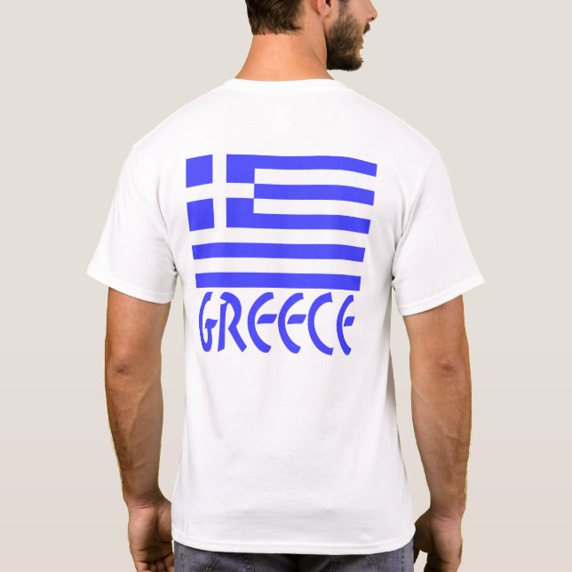 Greek Flag with Word Greece Below in Blue Text T-Shirt (Back)