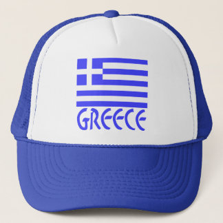 Greek Flag with Word Greece Below in Blue Text Trucker Hat