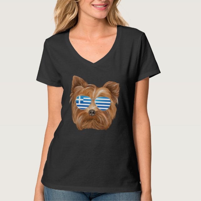 Greek Flag Yorkshire Terrier Dog Greece Pocket T-Shirt (Front)