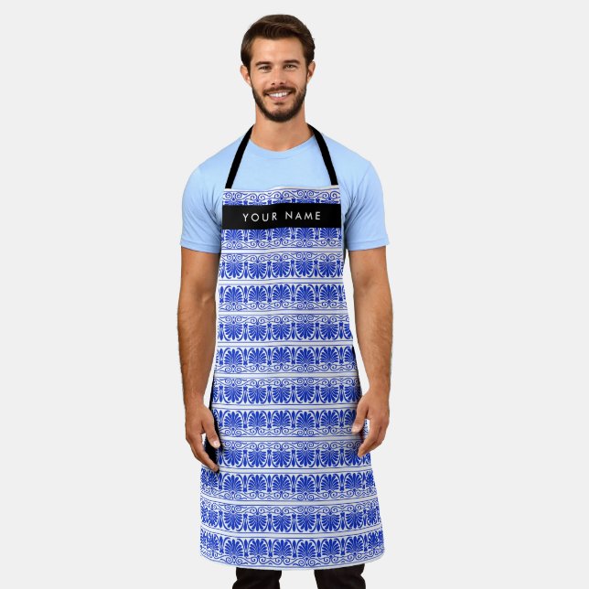 Greek Fret Arabesque Blue, Your Name, Personalize Apron (Worn)