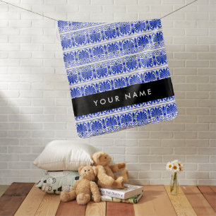 Greek Fret Arabesque Blue, Your Name, Personalize Baby Blanket