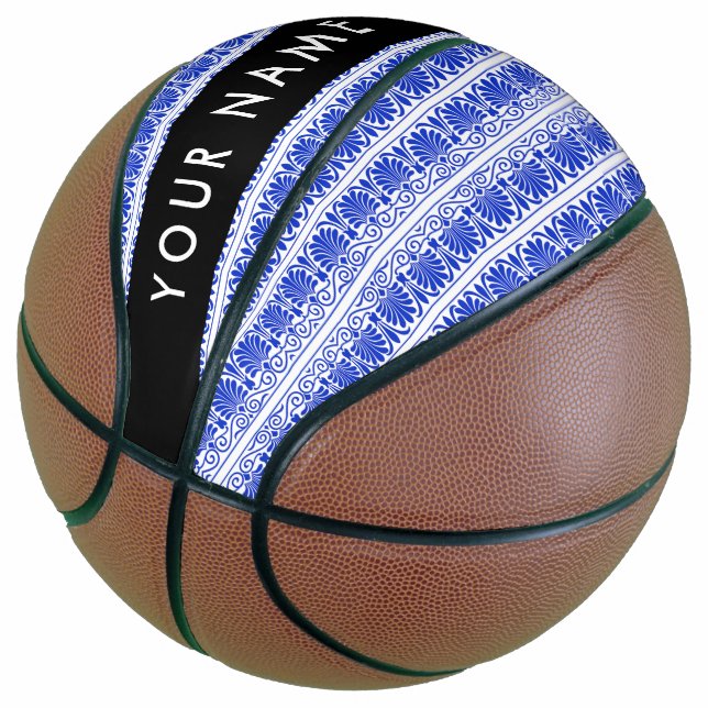 Greek Fret Arabesque Blue, Your Name, Personalize Basketball (Angled)