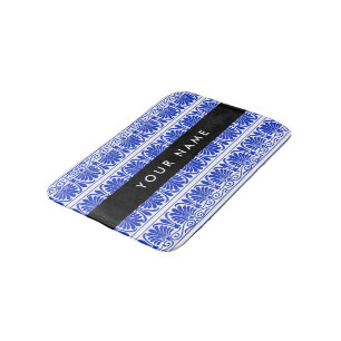 Greek Fret Arabesque Blue, Your Name, Personalize Bath Mat