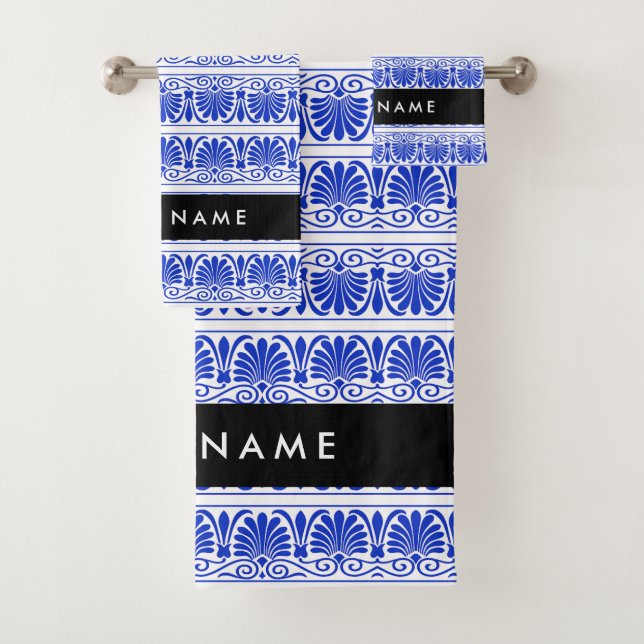 Greek Fret Arabesque Blue, Your Name, Personalize Bath Towel Set (Insitu)