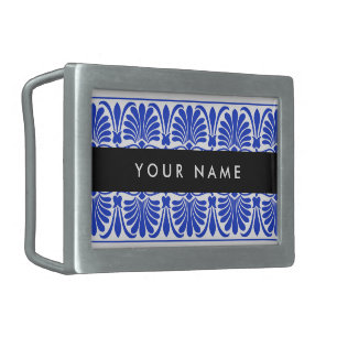 Greek Fret Arabesque Blue, Your Name, Personalize Belt Buckle