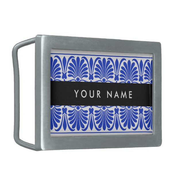 Greek Fret Arabesque Blue, Your Name, Personalize Belt Buckle (Front Left)