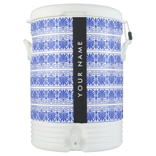 Greek Fret Arabesque Blue, Your Name, Personalize Beverage Cooler (Front)