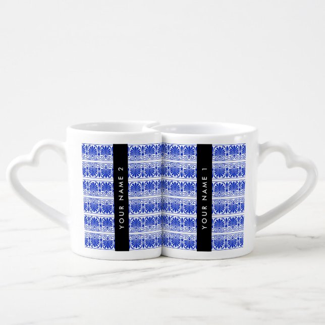 Greek Fret Arabesque Blue, Your Name, Personalize Coffee Mug Set (Back Nesting)