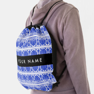Greek Fret Arabesque Blue, Your Name, Personalize Drawstring Bag