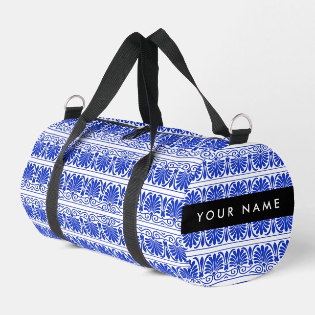 Greek Fret Arabesque Blue, Your Name, Personalize Duffle Bag (Left Corner)