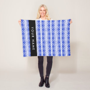 Greek Fret Arabesque Blue, Your Name, Personalize Fleece Blanket