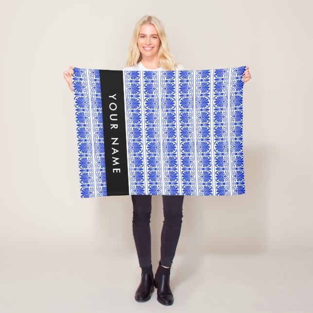 Greek Fret Arabesque Blue, Your Name, Personalize Fleece Blanket (In Situ)