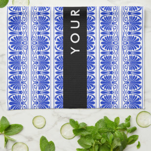 Greek Fret Arabesque Blue, Your Name, Personalize Kitchen Towel