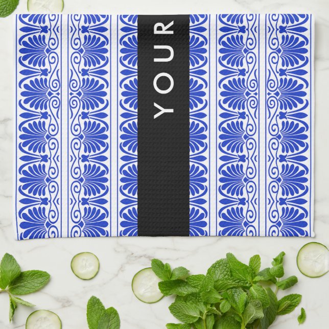 Greek Fret Arabesque Blue, Your Name, Personalize Kitchen Towel (Folded)