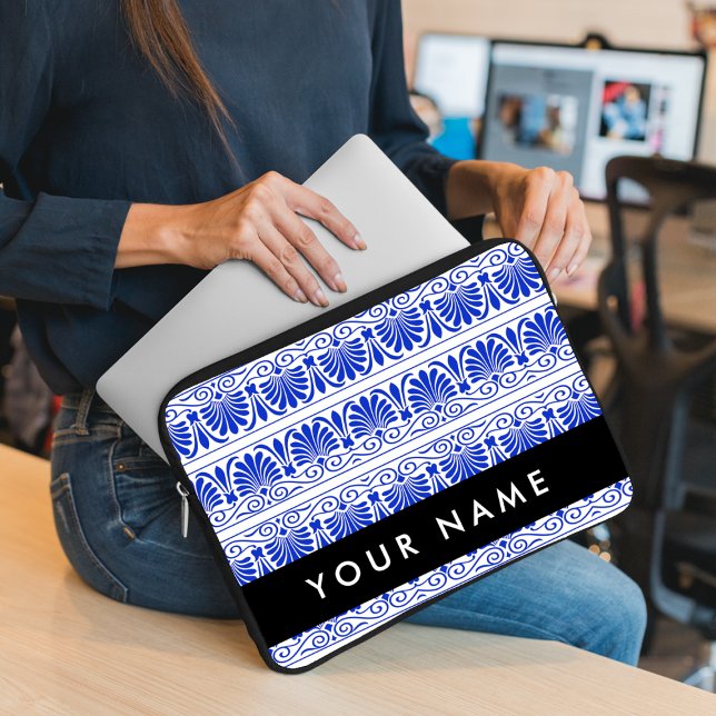 Greek Fret Arabesque Blue, Your Name, Personalize Laptop Sleeve (Creator Uploaded)