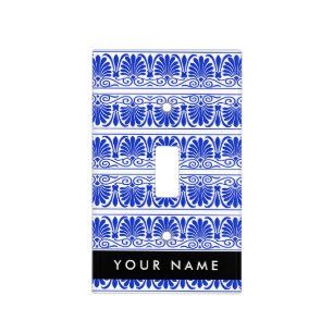 Greek Fret Arabesque Blue, Your Name, Personalize Light Switch Cover