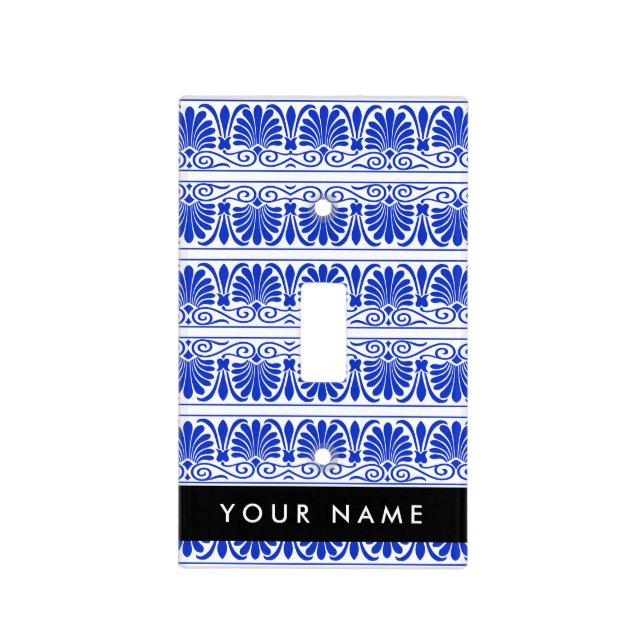 Greek Fret Arabesque Blue, Your Name, Personalize Light Switch Cover (Front)