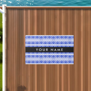Greek Fret Arabesque Blue, Your Name, Personalize Outdoor Rug