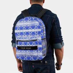 Greek Fret Arabesque Blue, Your Name, Personalize Printed Backpack