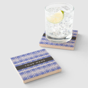 Greek Fret Arabesque Blue, Your Name, Personalize Stone Coaster