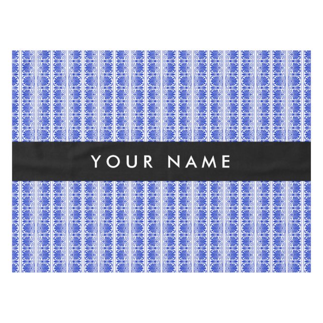 Greek Fret Arabesque Blue, Your Name, Personalize Tablecloth (Front (Horizontal))