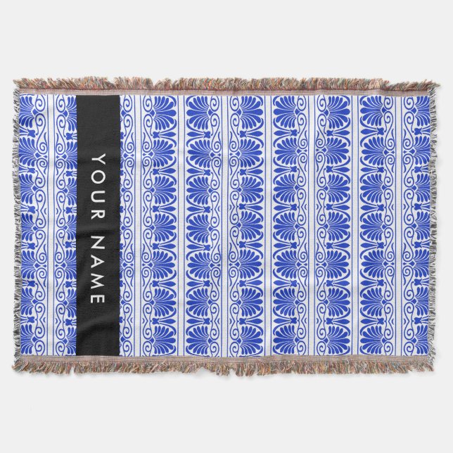 Greek Fret Arabesque Blue, Your Name, Personalize Throw Blanket (Front)