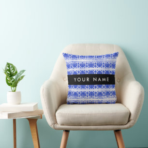 Greek Fret Arabesque Blue, Your Name, Personalize Throw Pillow