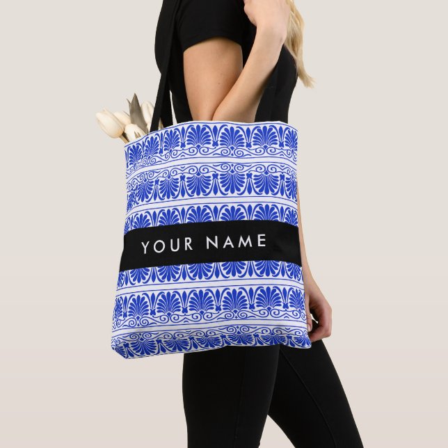 Greek Fret Arabesque Blue, Your Name, Personalize Tote Bag (Close Up)