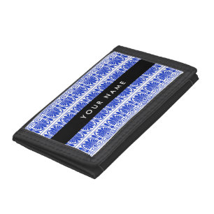 Greek Fret Arabesque Blue, Your Name, Personalize Tri-fold Wallet