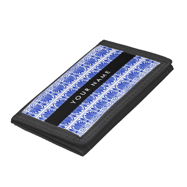 Greek Fret Arabesque Blue, Your Name, Personalize Trifold Wallet (Bottom)