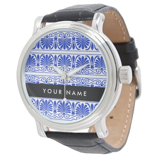 Greek Fret Arabesque Blue, Your Name, Personalize Watch (Angled)