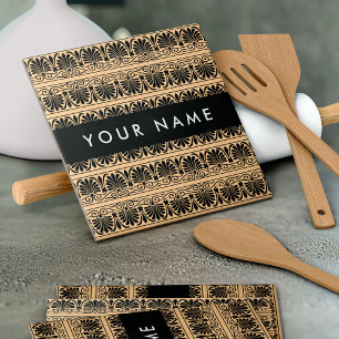 Greek Fret Arabesque Brown, Your Name, Personalize Ceramic Tile