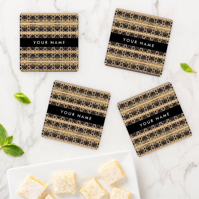 Greek Fret Arabesque Brown, Your Name, Personalize Coaster Set (In Situ)