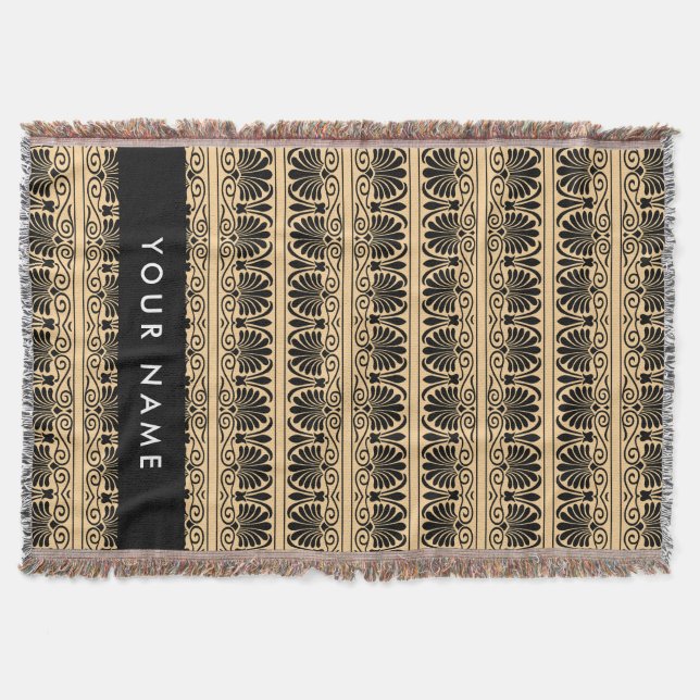 Greek Fret Arabesque Brown, Your Name, Personalize Throw Blanket (Front)