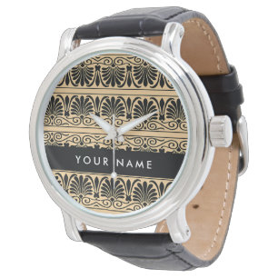 Greek Fret Arabesque Brown, Your Name, Personalize Watch