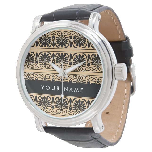 Greek Fret Arabesque Brown, Your Name, Personalize Watch (Angled)