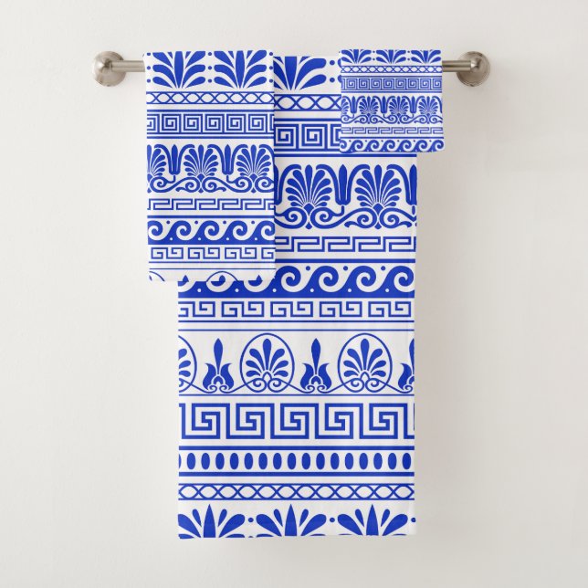 Greek Fret, Mediterranean Pattern, Blue Bath Towel Set (Insitu)