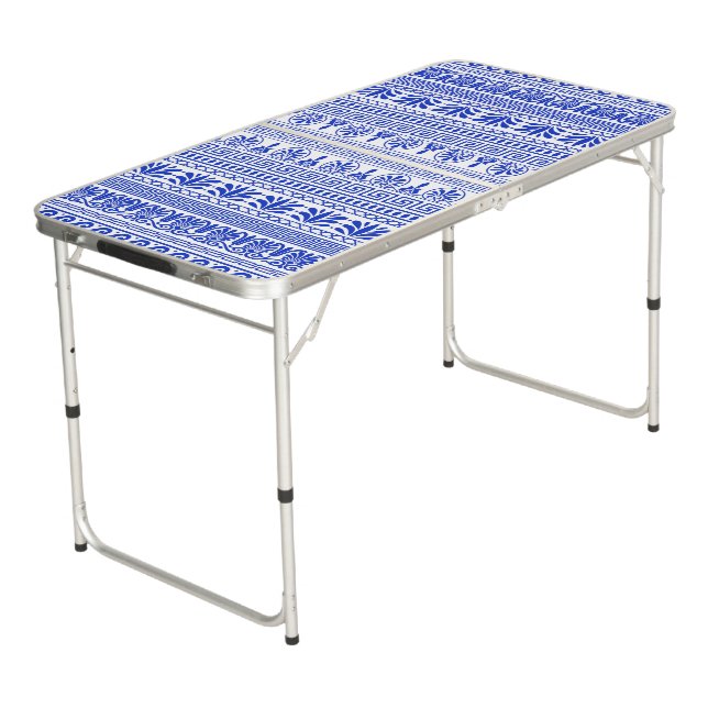 Greek Fret, Mediterranean Pattern, Blue Beer Pong Table (Angled)