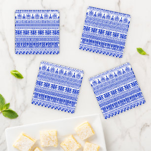 Greek Fret, Mediterranean Pattern, Blue Coaster Set