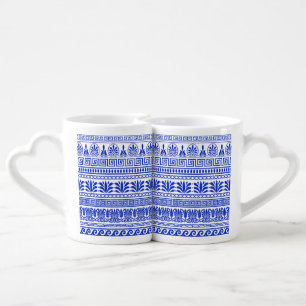 Greek Fret, Mediterranean Pattern, Blue Coffee Mug Set